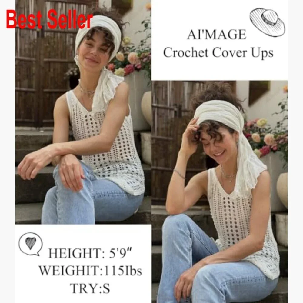 Crochet Hollow Out Swimsuit Cover Up Beach Dress Sleeveless V Neck